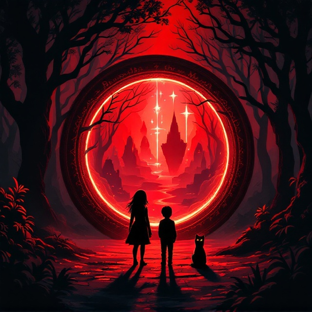A dark, shadowy forest with towering twisted trees looms in the background, bathed in a haunting red glow. In the foreground, the silhouettes of a girl and a boy stand against the piercing light of an open magical seal, looking into the entrance of a mysterious, otherworldly realm. Peeking between the children’s feet is the shadow of a sleek black cat with glowing yellow eyes, adding an eerie element. The new world visible through the seal is strange and fantastical, marked by floating islands and odd glowing structures.
