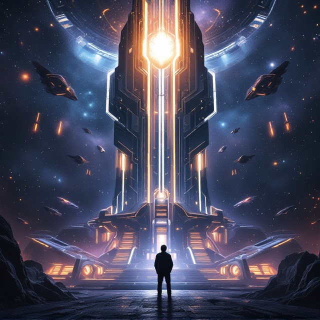 A star-filled galactic backdrop with a colossal, glowing space station resembling a futuristic courtroom at the center. Surrounding it, fleets of sleek and ominous starships with glowing engines create a sense of scale and tension. Dark blue and violet hues dominate the palette, with streaks of contrasting golden light emanating from the space station. A shadowy figure stands silhouetted in the foreground, gazing up at the station. The atmosphere is engulfed in mystery, with swirling nebulae and scattered asteroids in the distance.
