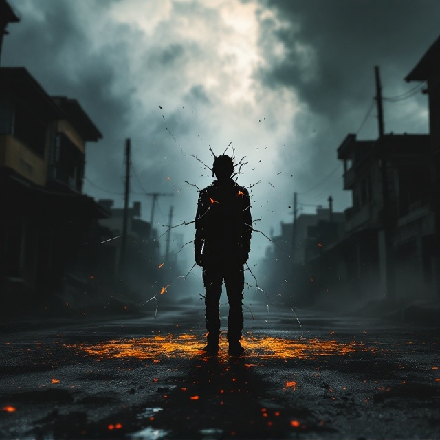 A shadowy figure stands in the middle of a desolate, broken-down street under a stormy sky. The figure’s silhouette is fragmented, as if cracked like glass, symbolizing the inner trauma and emotional fissures. Surrounding the figure are faint, blurred images of betrayal and haunting memories—the kind that are barely visible but linger like ghosts. Wisps of light break through the stormy clouds above, representing threads of hope and resilience piercing through the chaos. The color palette consists of dark grays, deep reds, and splashes of muted yellow, amplifying the emotional interplay of pain, anger, and hope.