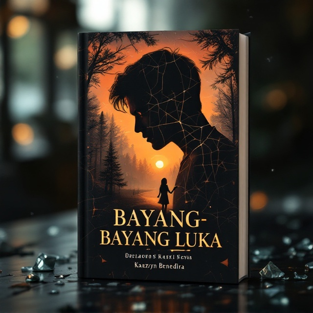 A silhouette of a young man with a cracked surface design symbolizing a broken and wounded soul—found at the center of the cover. Behind him, a hazy burning sunset bleeding into a night sky, representing emotional turmoil. Beneath this, a winding, shadowy forest path fading into light represents the journey of healing. Beside the young man, a faint glowing figure of a girl touches his arm, symbolizing the connection and empathy between Delano and Alessa. Surrounding the edges are scattered shattered glass patterns, subtly reflecting the destructive past he's endured.