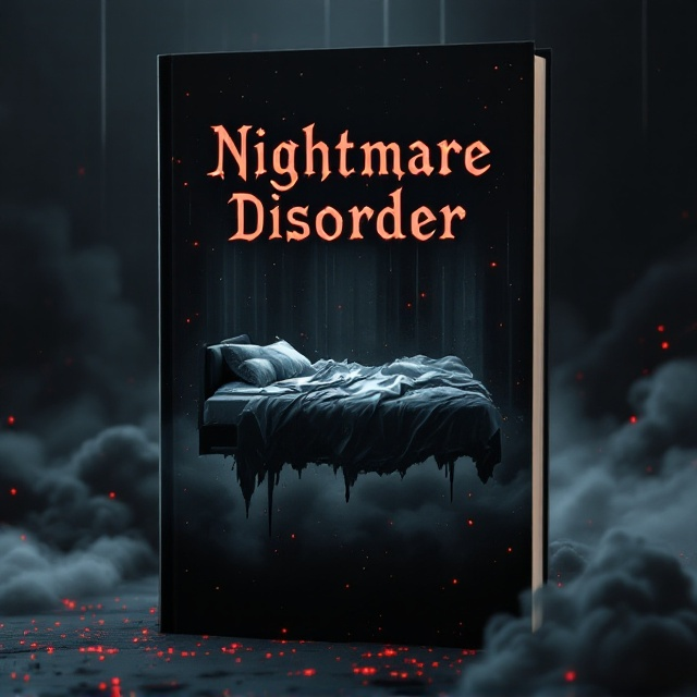 A dark, ethereal scene featuring a bed floating amidst swirling black clouds and scattered faint grey mist. The bed is draped in tattered sheets, with glowing, ominous red eyes faintly visible in the dark haze below. The background consists of a starless, pitch-black sky and subtle vertically cascading streaks resembling dream-like distortions.