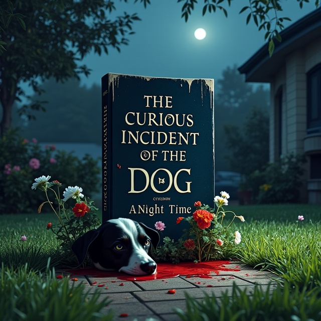 A dimly lit suburban front lawn under a gloomy dusk sky. In the foreground, a lifeless black-and-white dog lies on its side. A small garden seems to miraculously sprout from the dog's still body, with vivid green leaves and colorful flowers tainted by splatters of red blood. A 15-year-old boy kneels nearby with bloodstained hands and tear-filled eyes, his face contorted in anguish. The scene is surrounded by shrouds of dark shadows creeping in from the edges of the cover, creating a foreboding atmosphere.