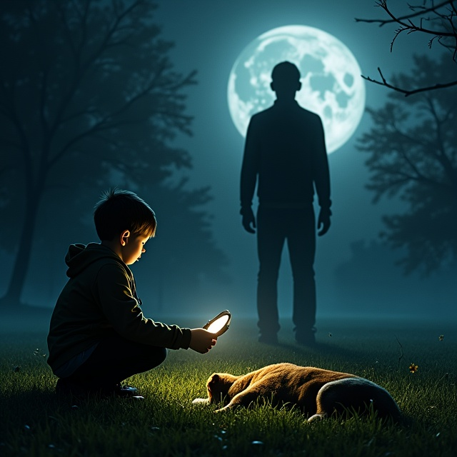 A shadowy silhouette of a man looms in the background under dim moonlight, creating a sense of mystery. A dead dog silhouette lies on the grassy lawn in the foreground, partially in shadow. Near the bottom left corner, a young boy kneels closely to the grass, holding a magnifying glass, his face glowing softly as if illuminated by the light reflecting on the glass. The lawn is detailed with muted colors of green and brown, while the edges of the frame fade into darkness.