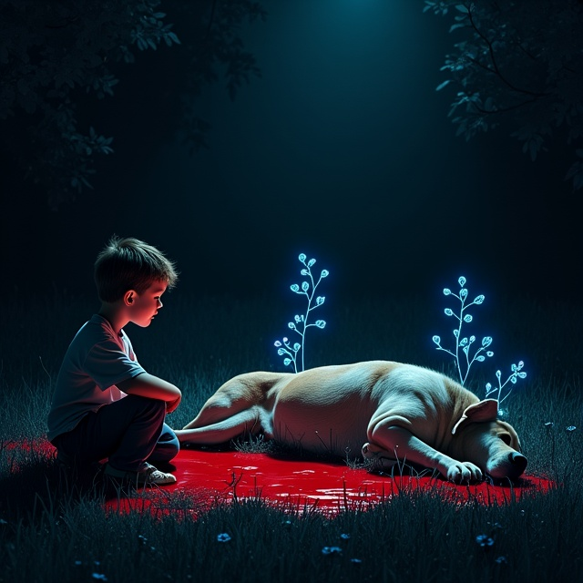 A dark, shadowy night scene with a black backdrop. A dead dog lies sprawled on the neighbor’s lawn, blood trickling into the grass, forming a violent red contrast to the dark tones. Growing from the dog's form is a surreal, ghostly garden—ethereal flowers and vines illuminated faintly in muted, glowing blues and purples. A 15-year-old boy kneels over the dog's body, his hands and arms stained with blood, streams of tears illuminated against his pale face. A slight beam of moonlight falls on the boy, creating an emotional focal point.
