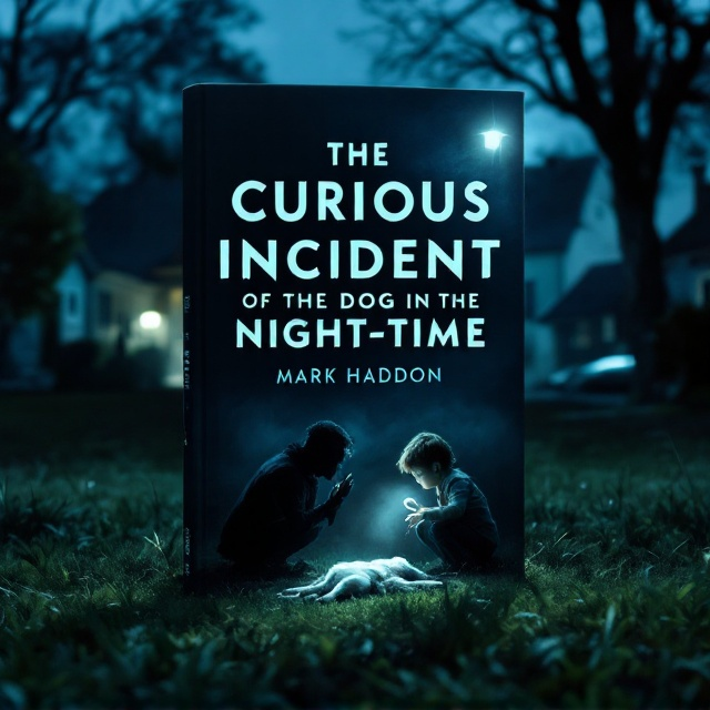 The cover features a nighttime suburban neighborhood lawn with a shadowy figure of a man subtly blended into the background, emanating an eerie presence. In the foreground, a child crouches on the grass, inspecting a lifeless dog with a magnifying glass. The scene is dimly lit by a faint streetlight, casting sharp shadows. The color palette consists of deep blues, muted greens, and stark black, with the dog's figure outlined in white to draw attention. A fine mist rolls across the lawn, giving an unsettling feel to the setting.