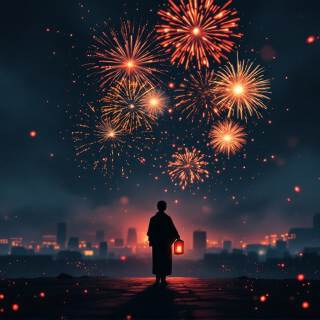 A dark, atmospheric scene of a Japanese fireworks festival, with bold, vibrant sparks of red, gold, and orange exploding against a deep indigo night sky. In the foreground, a lone silhouette in a traditional Japanese yukata stands, holding a bright-red paper lantern, casting a mysterious shadow. The background fades into a hazy urban skyline with subtle hints of glowing red and gold lights, suggesting intrigue amidst the beauty.