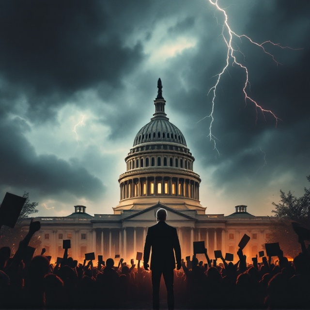 A dramatic scene featuring a shadowy silhouette of Joe Biden, standing in front of the U.S. Capitol building engulfed in dark storm clouds. An American flag in tattered condition waves faintly in the backdrop, with its colors fading. A sense of urgency is conveyed through streaks of red and yellow lightning cutting across the stormy sky. In the foreground, a silhouetted crowd of people holding protest signs and fists raised in defiance creates a powerful action-oriented visual.