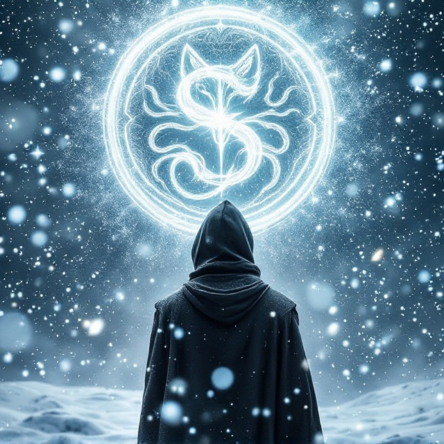 The cover features a stark white, swirling snowstorm backdrop, with a brown-haired man standing in the foreground, dressed in a dark hooded cloak. He faces away from the viewer, towards a circular emblem in the sky—a large letter "S" designed with an intricate fox head at the top of its curve and three snake tails extending downward, all encased inside a frosted circle. The sunlight subtly pierces through the storm clouds, reflecting hints of gold and silver off the snow.