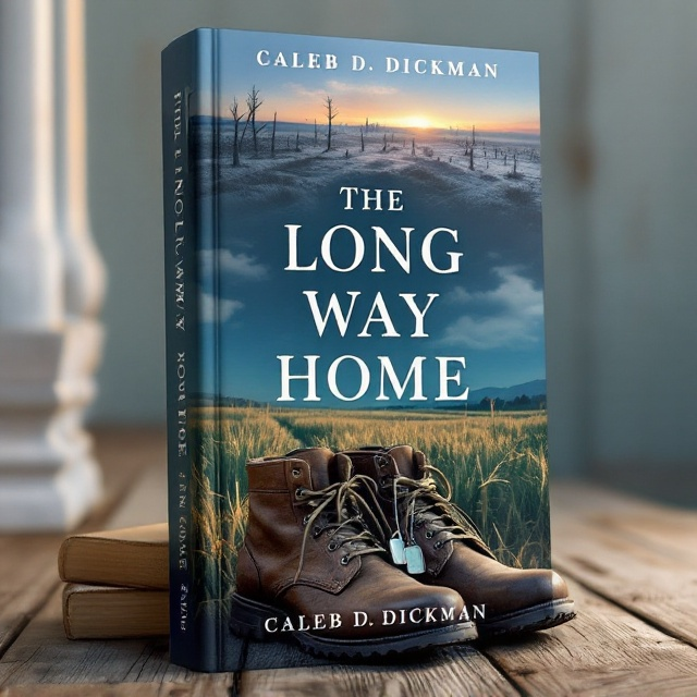 The cover presents a serene Oklahoma landscape at sunrise, with rolling fields of tall grass glistening in the morning dew. The horizon transitions subtly into a desolate, snow-covered Russian wilderness near the top, symbolizing the duality of home and battlefield. Anchoring this transition is a pair of worn military boots placed on a rustic wooden porch in the foreground, with faint military dog tags resting beside them. The dog tags are semi-transparent, blending gently into the landscape. The entire scene is enveloped in a deep blue hue that conveys both hope and resilience. Wisps of light clouds add a touch of longing and faith.