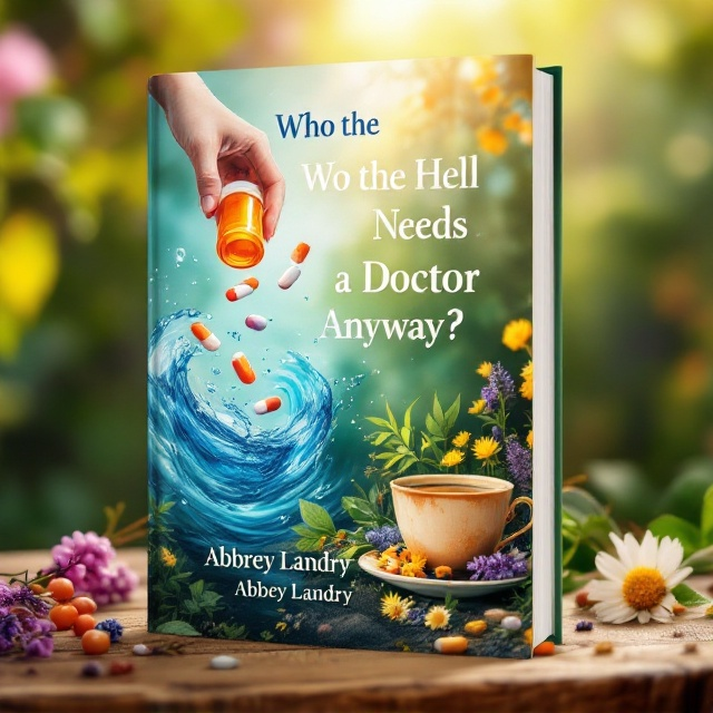 A rustic, nature-filled scene dominates the cover. The left side of the cover shows a hand throwing an orange prescription pill bottle into an abstract blue swirl resembling water, meant to symbolize flushing them away. On the right side of the cover, a comforting herbal tea cup sits surrounded by colorful herb plants, berries, and flowers like chamomile, lavender, and elderberries. Subtle light rays beam down to symbolize warmth and freedom. The background is a soft gradient of natural greens fading into yellow to resemble vibrant sunlight.