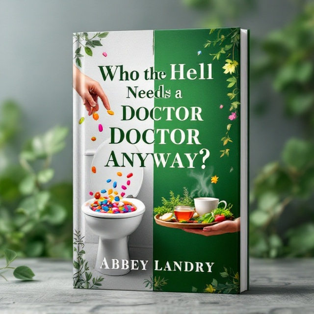 A central image of a pair of hands throwing colorful pills into a toilet bowl on the left side of the cover, while on the right side, the same hands hold a tray filled with vibrant herbs, a steaming tea cup, and natural remedies. The background transitions from a stark gray on the left (representing pharmaceuticals and illness) to a lively green on the right (symbolizing nature and healing). Around the edges, delicately arranged vines and floral elements add a sense of movement and vitality.