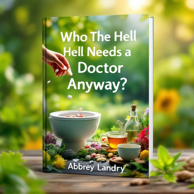 A vibrant and serene nature scene showing a hand throwing prescription pills into a toilet bowl on the left side of the cover. On the right, a table overgrown with colorful herbs, tea cups, and natural remedies glowing in soft sunlight, with a vibrant green meadow or forest background. The scene exudes a sense of liberation, health, and renewal.