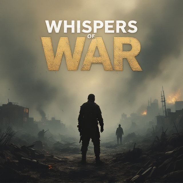 Smoke-filled battlefield drenched in muted colors of gray, brown, and pale orange, evoking the somber mood of war. In the foreground, a tattered, silhouetted soldier standing amidst fallen comrades and broken weaponry. The background features faint outlines of bombed-out buildings, a burning horizon, and scattered war debris. The sky is dense with smoke, with a faint glimmer of light breaking through, adding a tinge of hope amid devastation.