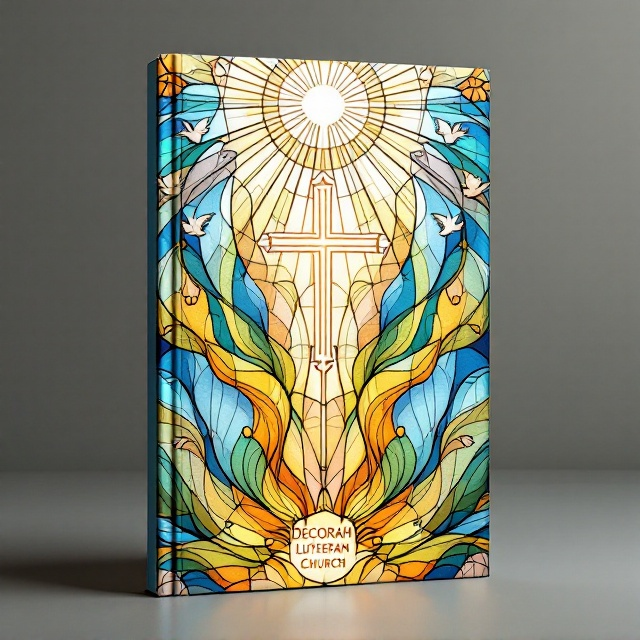 The cover features an intricate and vibrant stained-glass art design encompassing the entire background, depicting a radiant sunburst pattern at the top and flowing curves of pastel blues, golds, and greens cascading downward. At the center is a soft, glowing cross, subtly embedded into the design, blending harmoniously with the stained glass. Around the edges, faint outlines of leaves and doves are subtly etched into the colors, adding an element of peaceful movement to the composition.