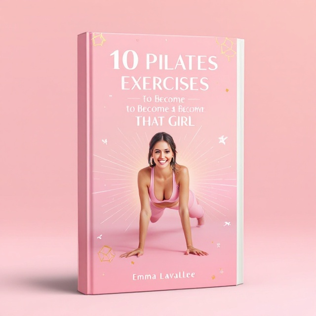 A confident woman is featured mid-action in a Pilates pose (like a side plank or abs-focused move) on a gradient pink background. Radiating lines or a soft glow emanate around her, giving a sense of fulfillment and energy. Around her are small, subtly placed exercise icons and abstract geometric shapes representing movement and vitality. A fresh, exciting palette of pink and white with subtle gold accents brings a modern and empowering vibe.