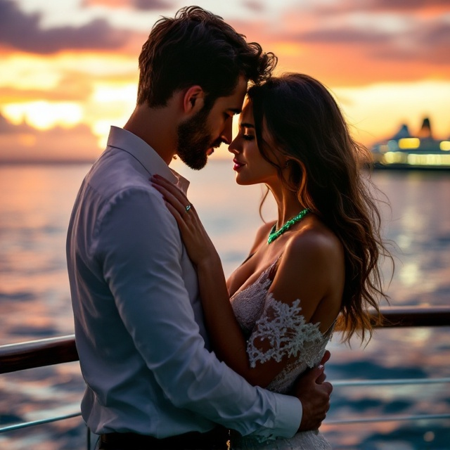 A romantic sunset-view backdrop with a luxurious cruise ship in the distance. In the foreground, a white man (42 years old, short dark hair, light scruff) is tenderly embracing a brunette woman (35 years old, long wavy hair), their eyes locked with intimacy. She's adorned in a stunning emerald necklace that catches the light, hinting at its importance. The man's hand lightly grazes the necklace as they stand on the ship's deck, their clothing upscale yet slightly mussed to convey passion. The sky transitions from warm gold tones to deep purples, reflecting the intensity of their emotions.