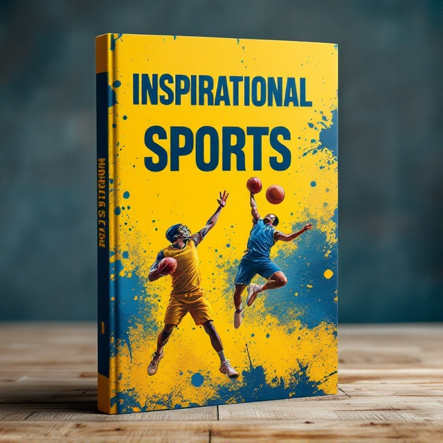 A dynamic central scene featuring an adult football player in mid-action throw and a basketball player mid-dunk. The background features energetic splashes of yellow and blue, symbolizing strength and vitality. Sports textures such as grassy patterns and hardwood court details subtly blend into the background, adding depth and context.