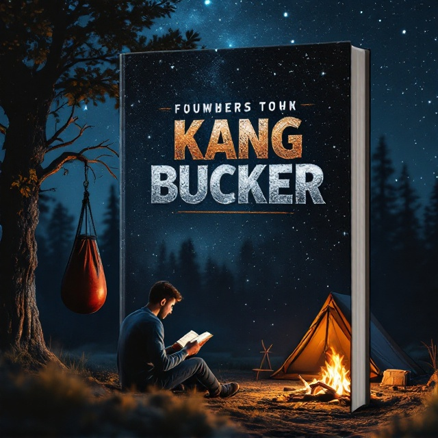 A serene outdoor scene under a starry night sky. A man sits near the center of the cover with his knees bent, engrossed in reading a book. On the left, a punching bag is tied securely to a strong tree branch, symbolizing discipline and grit. On the right, a cozy camping tent glows softly, illuminated by the warm, flickering light of a bonfire that subtly dominates the right corner of the composition. The backdrop showcases a striking combination of stars and shadows, with a subtle blend of blue and black for the night sky.