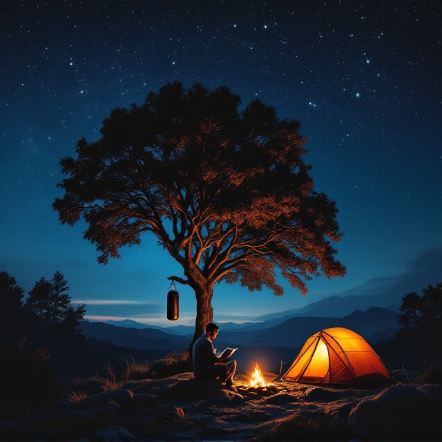The cover portrays a serene outdoor scene under a deep, starry night sky dominated by a rich gradient of blues and blacks. At the center-left, a strong tree stands tall, with a punching bag tied securely to one of its sturdy branches, subtly silhouetted against the night. Below the tree, a man sits cross-legged on a rock, intently engrossed in reading a book, his calm demeanor capturing resilience. On the center-right, a warm orange glow from a bonfire highlights a cozy camping tent. Flickers of firelight dance in harmony with the shadows on the ground, and the subtle shine of the stars creates a sense of aspiration and determination.