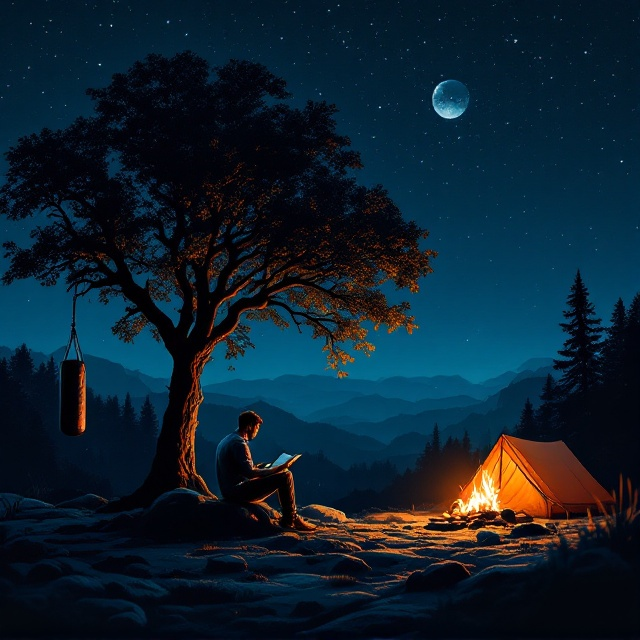 The cover showcases a serene outdoor scene under a deep, starry night sky, with a stunning gradient blending from rich blue to black. On the left side, a strong, sturdy tree stands tall with a punching bag tied securely to one of its branches, subtly silhouetted in the moonlight. Beneath the tree, a man sits on a rock, completely engrossed in reading a book, emanating an aura of calm resilience. On the center-right of the scene, a bonfire casts a warm and inviting orange glow, illuminating the surrounding area, including a cozy camping tent nearby. The shadows dance and flicker on the ground as the firelight complements the twinkle of stars overhead, conveying a sense of aspiration and determination.