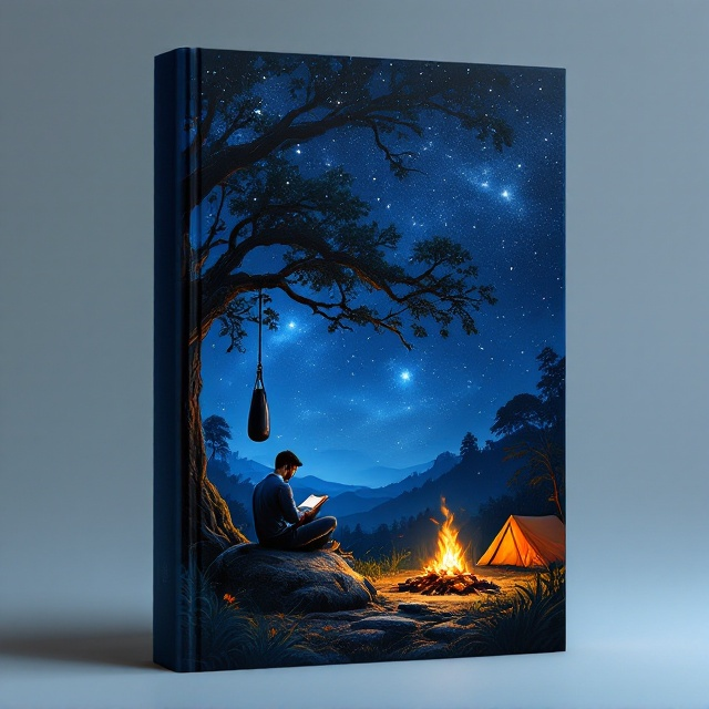 Under a vast, deep blue night sky dotted with a multitude of stars, a lush jungle stretches across the cover's bottom half. On the left, a tree with sprawling branches holds a punching bag suspended by sturdy ropes, symbolizing strength and resilience. At the center, a man sits cross-legged on a weathered rock, engrossed in a book, serene and introspective. A glowing bonfire is gently placed slightly to his right, its light softly illuminating the area, including a vibrant camping tent situated at the far-right corner. The scene has a dreamy, mystical feel with dark tones of blue and soft orange accents from the firelight.