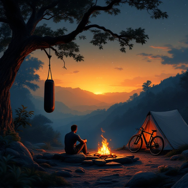 The cover depicts a serene jungle scene at dusk. On the left side, a punching bag hangs solemnly from the robust branch of a tree, its shadow stretching into the glowing embers of a campfire in the center. The flickering flames illuminate a man sitting on a flat rock, his face partially visible, absorbed in deep contemplation. The background sky gradient transitions from shimmering gold near the horizon to a star-speckled indigo. On the right side, a rugged tent is set up, and next to it, a sleek bike leans casually, glinting subtly in the fire’s light.