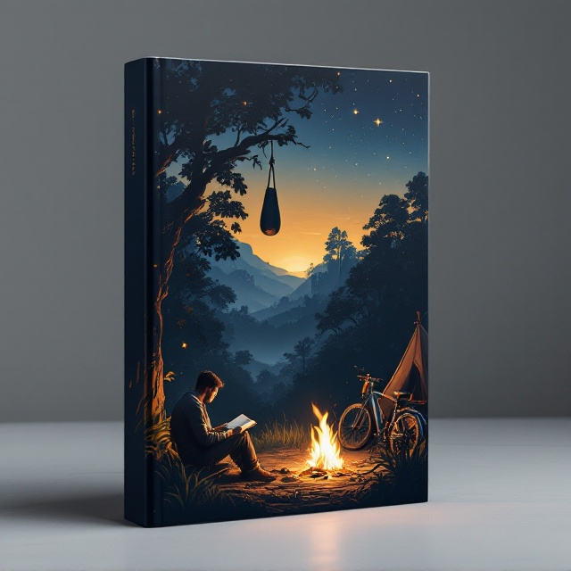 The cover presents a serene jungle scene at dusk. The sky transitions from a luminous gold at the horizon to a rich indigo decorated with stars. On the left side of the cover, a punching bag dangles from a sturdy tree branch, swaying gently. At the center, a seated man, dressed in muted tones, reads a book, illuminated by the subtle light of a small, flickering campfire. To the far right, a beaten yet reliable bike leans against a tent, its metallic frame reflecting the firelight. Small grass and vine details add texture to the ground, subtly connecting all elements.