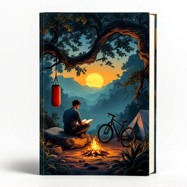 The cover features a serene jungle scene at dusk. It transitions from a glowing golden hue along the horizon, fading into a deep, star-dotted indigo sky. On the left side of the scene, a punching bag sways from the sturdy branch of a sprawling tree, its red material contrasting subtly against the natural hues. At the center, a man sits cross-legged on a roughly-textured rock, engrossed in reading an open book, his form softly illuminated by the golden-orange flicker of a small campfire. To the right, near the edge of the scene, a well-worn, scratched bike leans casually on a small tent, with the metallic parts catching bits of the firelight. The forest floor is detailed with scattered blades of grass, rocky texture, and vine creepings, softly unifying the elements together.