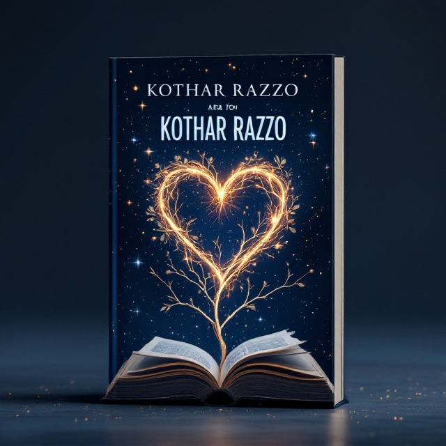 The cover features a serene starlit night sky in deep navy blue, with a faint silhouette of intertwining branches and leaves in the foreground, symbolizing nature and harmony. A prominent glowing, futuristic heart shape (made of intertwined galaxies and stars) is placed center stage, representing love and science intertwined. Subtle historical symbols, such as ancient scripts and faint imagery of an open, aged book, are layered in the background, giving a tactile representation of history. The light of the stars softly glows, blending with the natural elements on the cover, creating an ethereal sense of wonder.