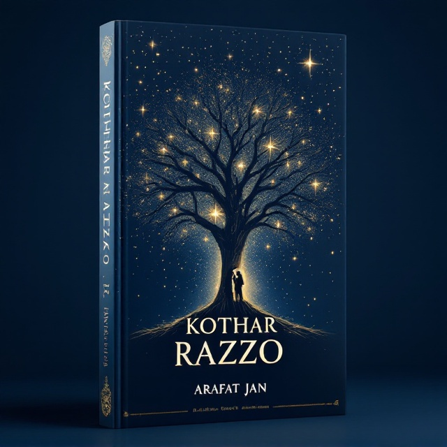 A navy blue background with subtle swirls of faint golden light, representing interconnected storylines and the beauty of nature and science. In the center, a large, ancient tree with its roots extending deep into an ethereal galaxy serves as the focal point. The branches are illuminated with sparkling stars, blending history, nature, and science. Surrounding the tree, faint modern equations and old historical scripts create a soft vignette effect. Silhouettes of two figures in a tender embrace are gently etched at the base of the tree, encapsulating romance.