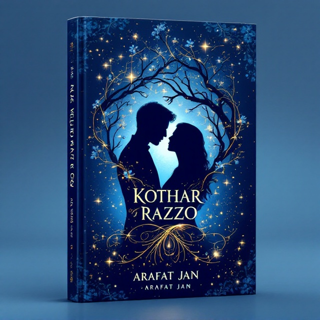 A vibrant navy-blue background filled with soft, glowing gradients symbolizing the vastness of both space and human emotions. A silhouette of a couple intertwined with abstract shapes of tree branches and science-related constellations dominates the center. Golden historical script-like designs softly fade and flow into the edges, representing history. Subtle overlays of springtime flowers and stars create a magical, emotional ambiance.