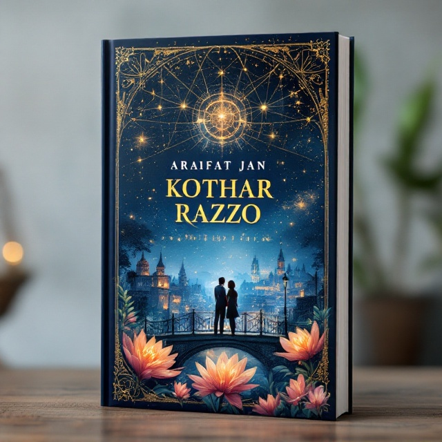 The cover features a magical cityscape of Khulna in a dreamy watercolor style, blending elements of history and nature with soft, glowing lights scattered across the navy blue background. A young couple standing at the edge of a historic bridge overlooks the city, framed by intricate celestial patterns inspired by scientific diagrams. The foreground showcases a blooming flower with intricate molecular designs embedded in its petals, symbolizing the fusion of science, love, and nature.