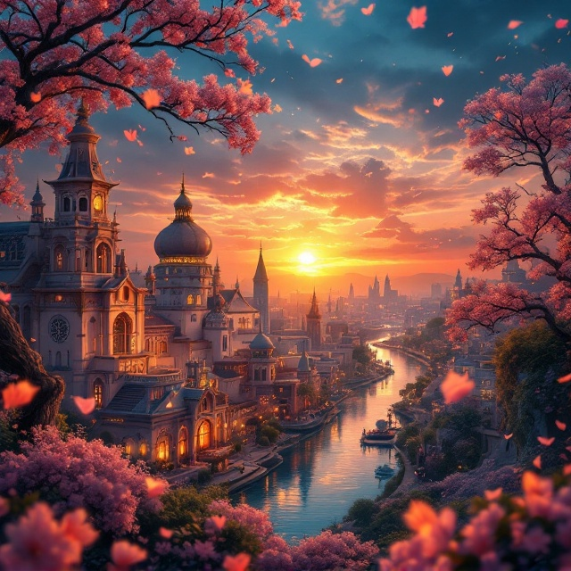 A sweeping view of a fantastical cityscape inspired by Khulna, bathed in the soft glow of dusk. The magical city is embraced by the harmony of nature, science, and history, with subtle elements like a DNA helix glowing faintly in the sky, ancient scripts etched into the edges of the buildings, and intertwined hearts forming tree branches. A serene river reflecting the vibrant colors of the sky flows through the city, mirroring the deep connection of emotions. Soft, delicate petals from an unseen spring tree scatter across the foreground.