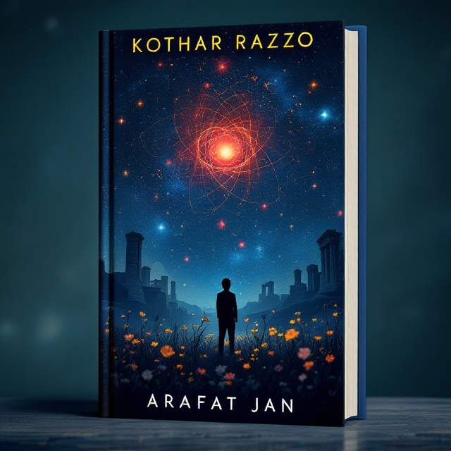 The cover features a navy blue background symbolizing depth and mystery. A celestial nebula subtly overarches the design to evoke the infinite possibilities of science and space. At the center, an artistic silhouette of a person standing in a serene meadow of wildflowers represents nature. Above their heart, a glowing red orb symbolizes love and emotions, with fine wisps connecting it to scientific elements, like atoms or constellations, floating in the air. In the background, faint outlines of historical ruins and ancient script fade into the serene navy texture, blending history into the narrative.