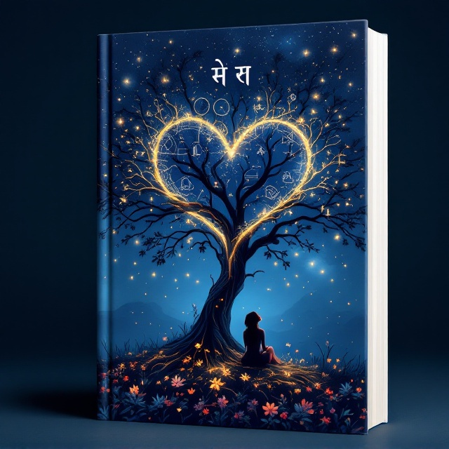 A serene depiction of a moonlit night with a vast navy blue sky as the backdrop. In the foreground, there’s a silhouette of a woman sitting under an ancient banyan tree, surrounded by glowing fireflies, her face uplifted toward the sky. The branches of the tree intertwine, subtly forming the shape of a heart, symbolizing love. Within the heart-shaped branches, constellations and diagrams faintly glow, alluding to science and history. Flowers in soft hues bloom around the roots of the tree, representing nature and emotions intertwined. The title sits at the top, shining like starlight, while the author's name is placed elegantly at the bottom center.