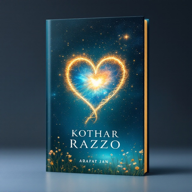 A deep blue background representing the infinity of space, blended with a soft gradient of earthy green to symbolize nature. The center of the composition features a glowing heart-shaped nebula, surrounded by faint, ancient script-like patterns that represent history. Thin strands of DNA subtly weave through the design, glowing faintly with golden hues to signify science. The lower portion of the cover gently transitions into a spring field with delicate flowers swaying in the breeze, creating a soft contrast against the cosmic upper half.