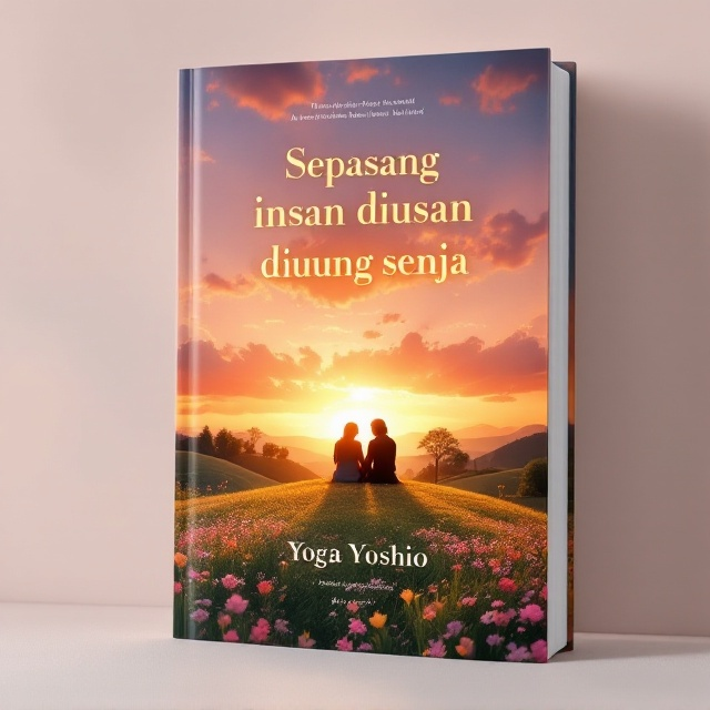 A picturesque scene of a twilight sky painted with vibrant orange and pink clouds. A lush hill sloping gently down into a meadow of wildflowers in soft pastel shades. The center of the cover features a silhouette of a couple sitting on the hill facing the horizon. The couple is immersed in conversation, creating a romantic and harmonious atmosphere. The sun is setting on the horizon, casting a warm glow over the entire cover.