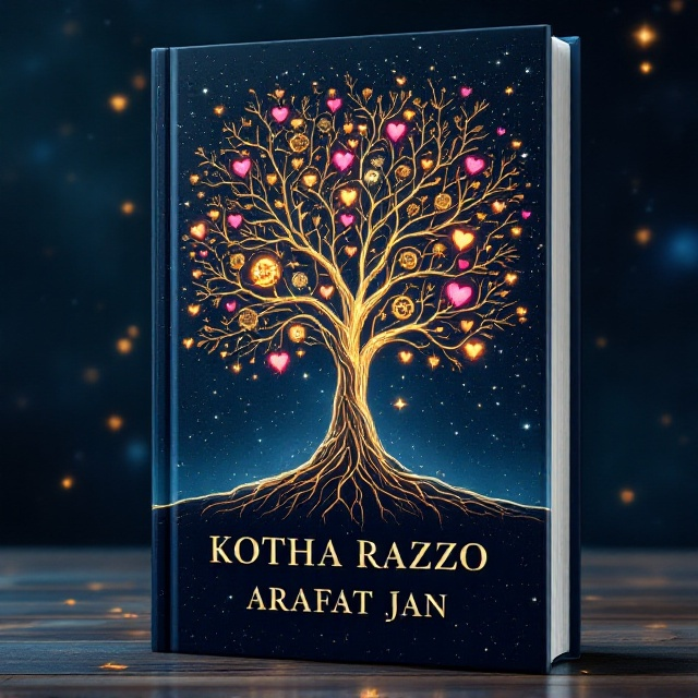 A vast, star-filled navy blue sky as the background, symbolizing the infinity of imagination and science. In the center, an ornate tree with glowing, intricate branches represents nature's connection to history and human emotions. The tree’s roots intertwine with delicate, hand-drawn gears symbolizing science and humanity's intellectual progress. Scattered vibrant pink and golden glowing hearts are subtly placed among the tree's branches, evoking love and warmth. Around the edges, soft transparent strokes of historical artifacts (such as ancient scrolls and astrolabes) merge seamlessly with the design.
