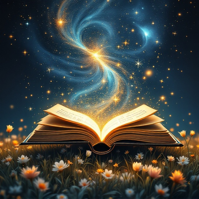 A detailed and mesmerizing scene of space blended seamlessly with elements of nature is featured on the front cover. At the top, a vividly illustrated swirling galaxy in shades of deep navy blue, adorned with faint golden constellations. Below, the galaxy morphs into a serene meadow with soft spring flowers swaying gently in the breeze. To the right, an open vintage book floats mid-air, with glowing inked pages releasing holographic equations and scientific diagrams into the cosmos. Faint traces of human silhouettes linger at the bottom center—representing emotions and connection, their faces turned toward the universe, as abstract forms echo their feelings.