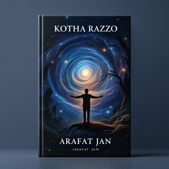 A swirling galaxy against a navy blue background dominates the upper two-thirds of the cover. It is interspersed with glowing orbs representing constellations, with faint outlines of historical structures and natural landscapes emerging from the galaxy—ancient ruins on one side, and curling tree roots on the other. In the foreground, a silhouette of a human figure stands on an outstretched branch, arms open towards the galaxy, reflecting emotion and wonder. A soft ambient glow surrounds the silhouetted figure, tying together the themes of nature, science, and human emotions.