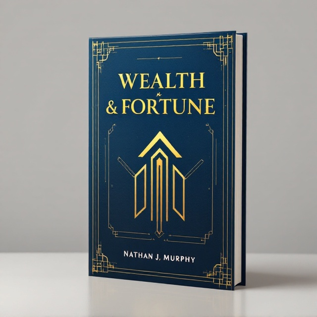 The background of the cover features a gradient of deep navy blue fading into a regal gold hue, symbolizing wealth and success. At the center is a minimalistic yet striking abstract symbol resembling an upward arrow integrated with lines representing currency, giving an impression of growth and fortune. Around this central symbol, faint geometric patterns subtly represent structure and organization.