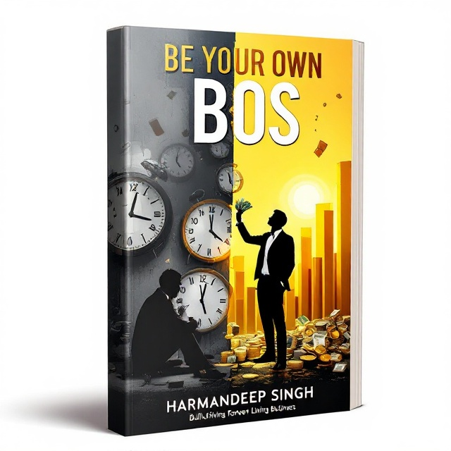 The cover features a dramatic, contrasting visual on the left side, a silhouette of a tired, slouched poor person sitting under the weight of oversized clocks (symbolizing the 9-5 cycle). On the right side, a confident rich person in an elegant suit holding bundles of money, standing in front of soaring bar graphs. The background transitions from dull greys on the left to vibrant yellows on the right, reinforcing the shift from struggle to success. Subtle money symbols, like coins and currency notes, form a connecting bridge between the two figures, hinting at transformation.