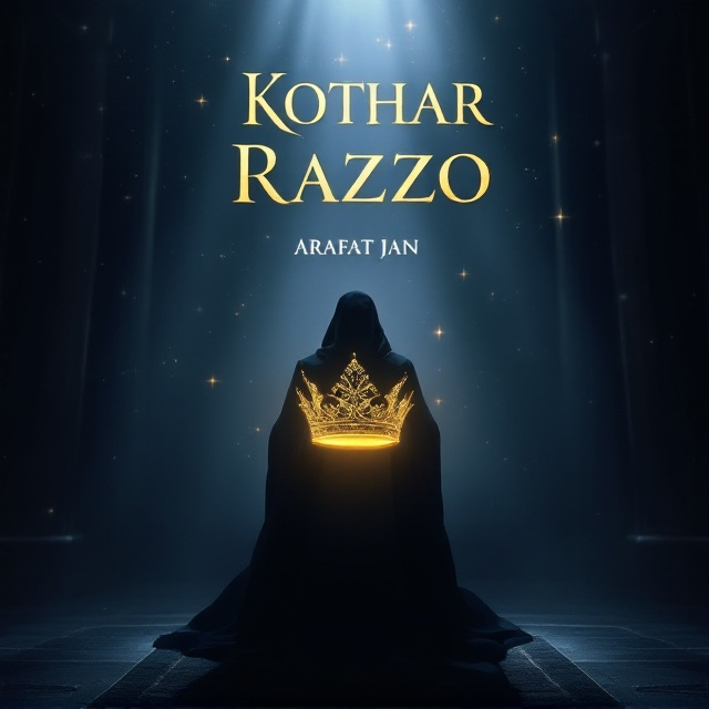 A dimly-lit throne room covered in hues of navy blue and dark metallic grey. In the center, a blurred silhouette stands tall, holding a radiant golden crown illuminated by a faint ray of light streaming in from above. The crown's detailed engravings subtly glow, casting intricate patterns across the room. A faint outline of a galaxy with interconnected stars appears in the background, blending science and mystique.