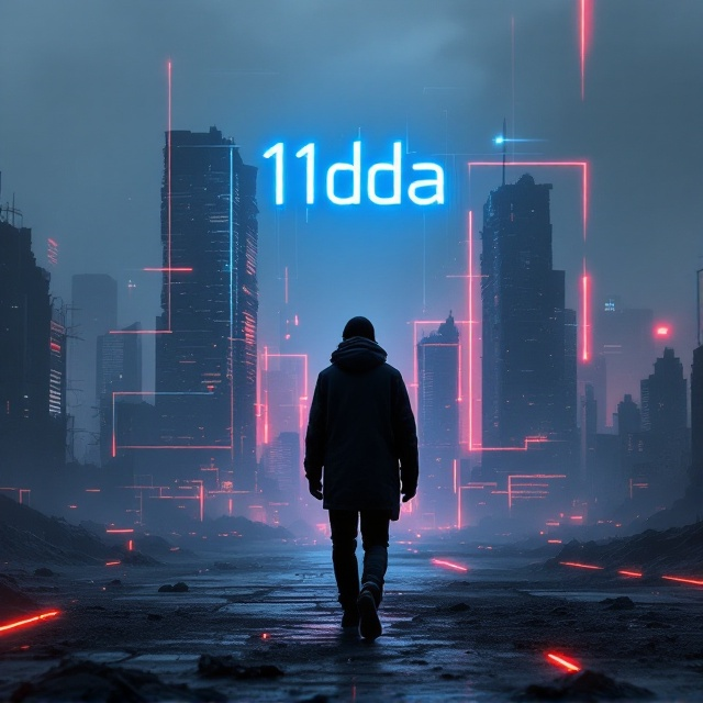 A stark, desolate cityscape in the background with crumbling, dystopian skyscrapers fading into a haze. In the foreground, a shadowy figure with their back turned, walking toward the city, surrounded by fractured, glowing geometric lines (symbolizing digital or societal fragmentation). The color palette is dominated by cold gray tones, with accents of neon blue and red to create a sense of tension and emotion.