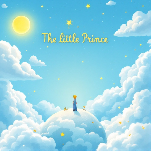 A bright, sky-blue background with soft, fluffy white clouds scattered across the cover. A small boy, standing on a tiny, imaginary planet, is illustrated near the bottom center of the cover, looking dreamily toward the clouds. The clouds contain subtle illustrations of stars and whimsical objects. A sun with a warm golden glow peeks in from the top left corner, adding warmth to the scene.