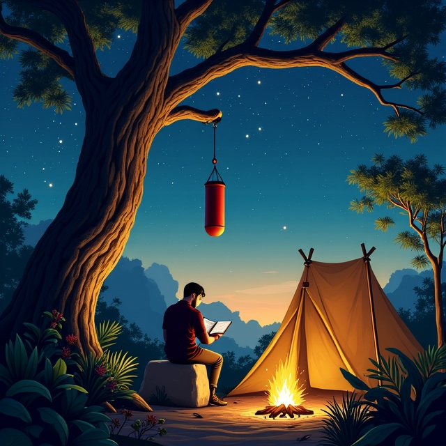 The cover features the serene jungle night scene described, with the luminous sky transitioning smoothly from golden hues near the horizon to deep indigo at the zenith. Stars shimmer vibrantly, adding depth. On the left, a sturdy, weathered tree stands prominently, its rugged branch supporting a slightly swinging punching bag. At the center, a man sits on a time-worn stone, reading a book intently, his face softly illuminated by the campfire’s warm, flickering glow. To the right, a canvas tent reflects the campfire's golden hue, its details blurred slightly to enhance the serene quality of the scene. The background features subtle jungle silhouettes, adding depth and focus to the tranquil yet disciplined atmosphere.