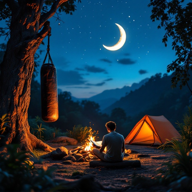 In the foreground, on the left, a rugged tree trunk occupies the vertical edge, with a well-used punching bag swaying subtly in the moonlit breeze. At the center, a young man dressed in a simple T-shirt and shorts sits cross-legged on a log, deeply engrossed in an open book. A vibrant bonfire emanates warm hues of orange and red, its flames harmonizing against the tranquil blues of the moonlight. The crescent moon hangs high in the night sky, with a scattering of stars creating an almost ethereal atmosphere. To the right of the cover, a vivid orange tent stands partially illuminated by the firelight, adding an eye-catching splash of color. The lush greenery of the jungle surrounds the scene, with darker shadows blending seamlessly into the peaceful backdrop.