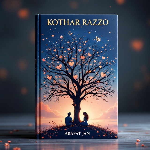 A soft and dreamy illustration of two figures sitting under a large, intricately drawn tree at sunset with glowing navy blue skies. The tree branches intertwine to form heart-shaped patterns, symbolizing love and connection. Scattered blossoms gently fall around the figures, adding a touch of movement and romance. The background features gradients of gold and pink clouds, creating a magical ambiance that conveys hope, love, and wonder.