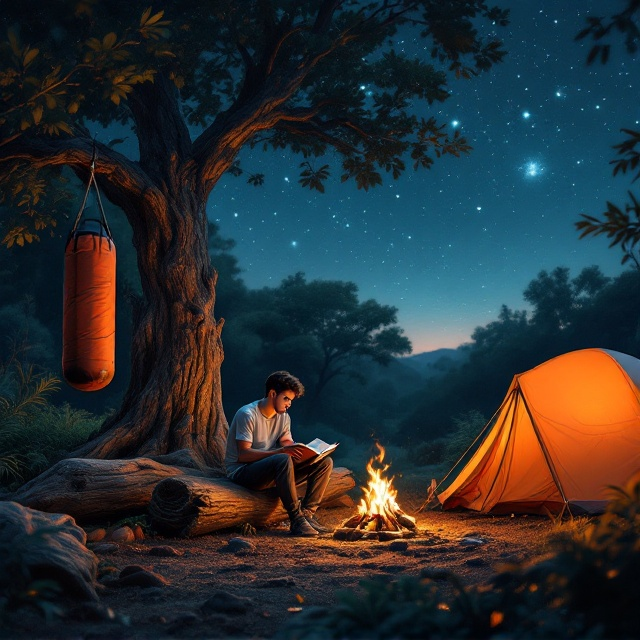 A tranquil jungle clearing is depicted, bathed in the soft glow of celestial light. The starry night sky above is vivid, with dozens of shimmering stars casting an ethereal glow. On the left, a sturdy, detailed tree trunk supports a worn punching bag, gently swaying as if touched by a light breeze. At the center, a young man sits on a weathered log, deeply absorbed in an open book. A crackling bonfire at his feet casts warm, flickering light across his face and surroundings. To the right, a bright orange tent is set up, standing out boldly against the deep green and shadowed tones of the forest’s edge. The composition balances calm and a sense of doggedness, embodying resilience, discipline, and determination.