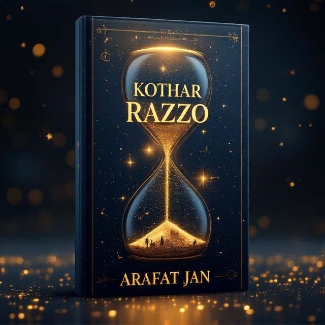 A dramatic, starry night sky in deep navy blue as the background, with faint golden constellations subtly forming abstract shapes, placing the focus on a sleek, futuristic hourglass in the center. The hourglass contains golden sands shimmering as though infused with stardust, with faint depictions of historical structures and natural elements like trees and rivers emerging from the sands. The title, "KOTHAR RAZZO," appears in large, luminous gold foil lettering that radiates an ethereal glow above the hourglass. Beneath it, "ARAFAT JAN" is displayed in smaller but equally shining gold text. Subtle design motifs of gears and circuits trace the edges of the cover, symbolizing the theme of science.